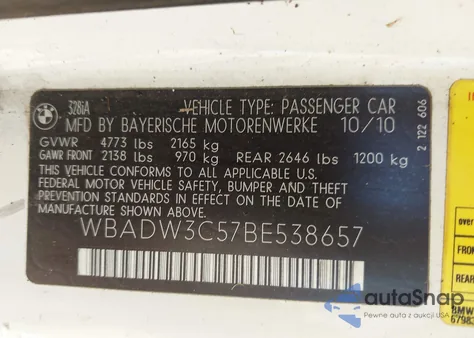 2011 BMW 328I из США, поврежденный, VIN WBADW3C57BE538657